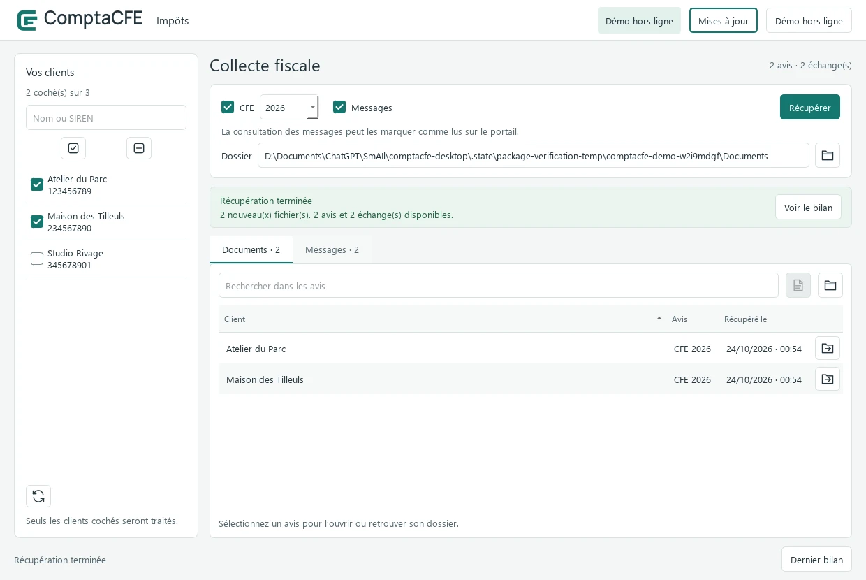 La fenêtre ComptaCFE : choix des clients, documents classés et bilan de récupération.
