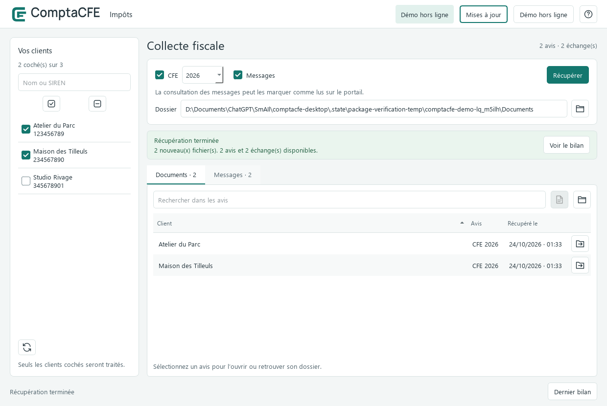 ComptaCFE : avis de clients fictifs récupérés, avec accès au document et à son dossier local.