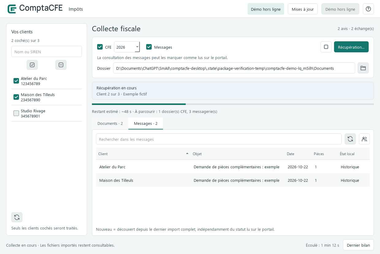 ComptaCFE : deux clients cochés, choix CFE et Messages, progression et temps restant fictifs.